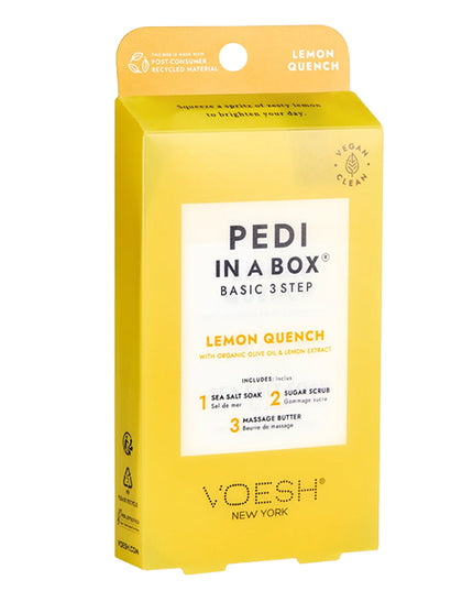 Meet the most skinvigorating 3-step, single-use pedicure kit. Squeeze the day with our lemon-scented Pedi in a Box. When life gives you lemons, you treat your clients to a refreshing pedicure treatment that gives dehydrated, dull skin a much-needed pick-me-up.