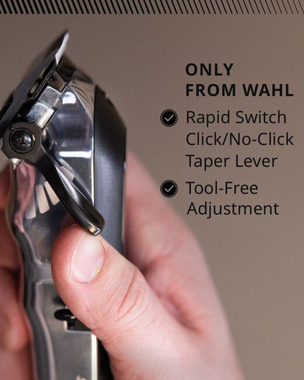 The Senior 2.0 features a strong motor with Adaptive Speed Control and a 5-position click or free-flow lever. Its ultra-strong carbon steel, DLC coated blade provides seamless fades, bulk removal, and taper-to-fade performance. 
