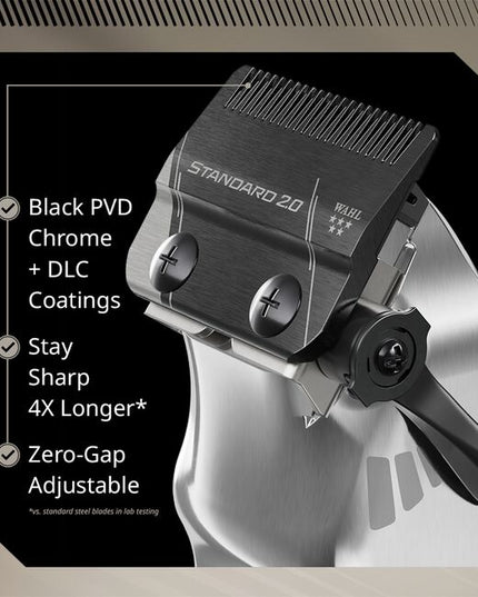 The Senior 2.0 features a strong motor with Adaptive Speed Control and a 5-position click or free-flow lever. Its ultra-strong carbon steel, DLC coated blade provides seamless fades, bulk removal, and taper-to-fade performance. 