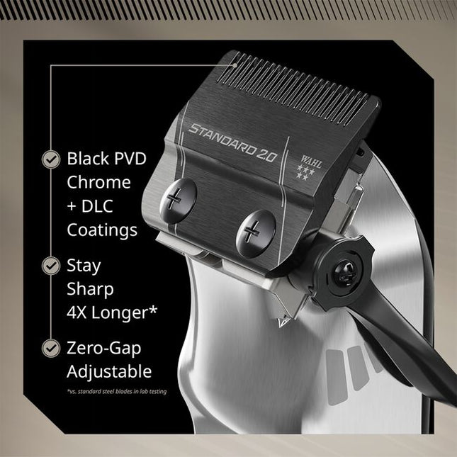 The Senior 2.0 features a strong motor with Adaptive Speed Control and a 5-position click or free-flow lever. Its ultra-strong carbon steel, DLC coated blade provides seamless fades, bulk removal, and taper-to-fade performance. 