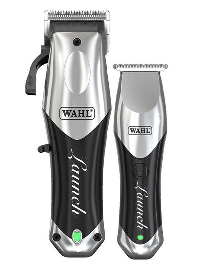 Introducing the new Wahl Launch Combo! This dynamic duo features the Launch Clipper and matching Launch Trimmer. The Launch Clipper features a powerful rotary motor (6000rpm) and taper blade great for off-scalp cutting and soft finishes. The Launch Trimmer equals in power (6000rpm) and comes equipped with a t-blade for easy use around the ears, face, and neck. A 110 minute run time and quick recharge (and cord/cordless capability) make this duo an efficient set in the busy shop/salon.