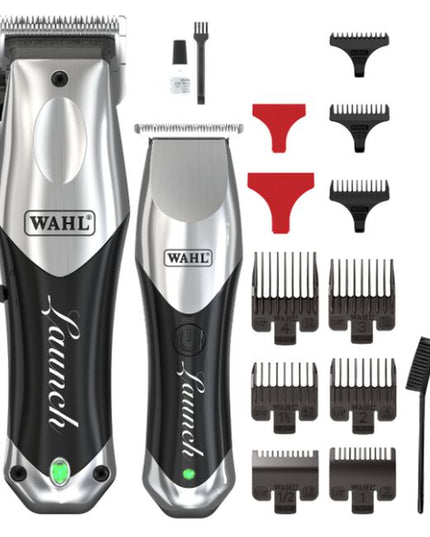 Introducing the new Wahl Launch Combo! This dynamic duo features the Launch Clipper and matching Launch Trimmer. The Launch Clipper features a powerful rotary motor (6000rpm) and taper blade great for off-scalp cutting and soft finishes. The Launch Trimmer equals in power (6000rpm) and comes equipped with a t-blade for easy use around the ears, face, and neck. A 110 minute run time and quick recharge (and cord/cordless capability) make this duo an efficient set in the busy shop/salon.