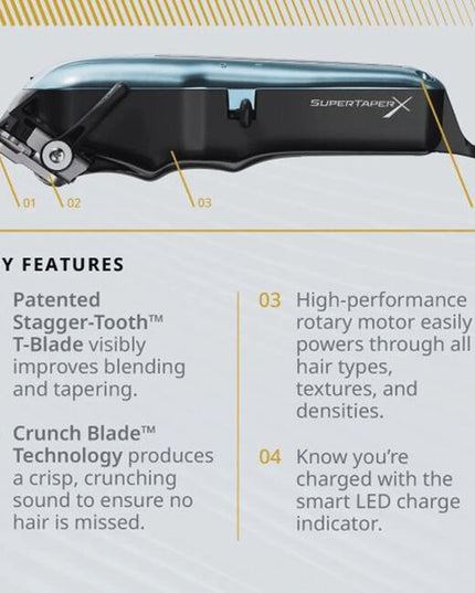The all-new Super Taper X™ features advanced blade technology and a powerful motor, all within a lightweight clipper that is ideal for off-scalp blending and shaping
