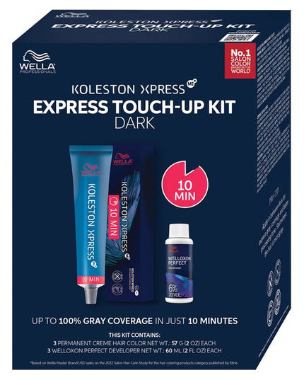Koleston Xpress ME+ Express Touch-Up Kit Dark Includes:

(1) 5GW Light Brown Gold Warm Koleston Xpress ME+ Permanent Creme Color - 2 oz.
(1) 6N Dark Blonde Neutral Koleston Xpress ME+ Permanent Creme Color - 2 oz.
(1) 7A Medium Blonde Ash Koleston Xpress ME+ Permanent Creme Color - 2 oz.
(3) Welloxon Perfect 20 Volume 6% Developer - 2 fl. oz.