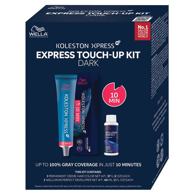 Koleston Xpress ME+ Express Touch-Up Kit Dark Includes:

(1) 5GW Light Brown Gold Warm Koleston Xpress ME+ Permanent Creme Color - 2 oz.
(1) 6N Dark Blonde Neutral Koleston Xpress ME+ Permanent Creme Color - 2 oz.
(1) 7A Medium Blonde Ash Koleston Xpress ME+ Permanent Creme Color - 2 oz.
(3) Welloxon Perfect 20 Volume 6% Developer - 2 fl. oz.