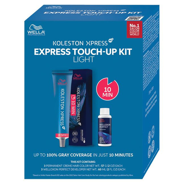 Koleston Xpress ME+ Express Touch-Up Kit Light Includes:

(1) 6N Dark Blonde Neutral Koleston Xpress ME+ Permanent Creme Color - 2 oz.
(1) 8N Light Blonde Neutral Koleston Xpress ME+ Permanent Creme Color - 2 oz.
(1) 9N Very Light Blonde Neutral Koleston Xpress ME+ Permanent Creme Color - 2 oz.
(2) Welloxon Perfect 20 Volume 6% Developer - 2 fl. oz.
(1) Welloxon Perfect 30 Volume 9% Developer - 2 fl. oz.