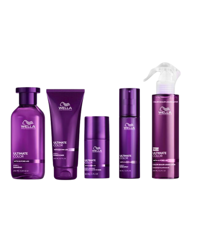 Ultimate Color Stylist Intro Includes:

(1) - Ultimate Color Shampoo, 8.4 fl. oz.
(1) - Ultimate Color Conditioner, 6.7 fl. oz.
(1) - Ultimate Color Leave-In Mask, 1 fl. oz.
(1) - Ultimate Color Miracle Shine Spray, 3.2 fl. oz.
(1) - Ultimate Color Sealer Liquid Layer, 6.2 fl. oz.
