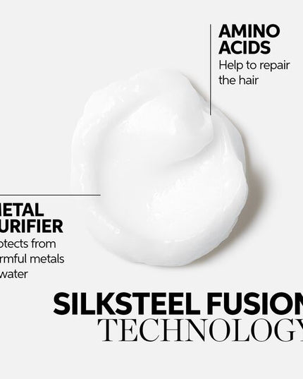 FUSION is the next dimension in hair recovery. With silksteel, the fusion of silk amino acids and micronized lipids, Fusion provides up to 95% more resilience against hair breakage*. Created for damaged hair, Fusion helps protect hair against future mechanical damage and breakage that may occur during brushing and with use of hot tools, leaving hair feeling smoother and protected.