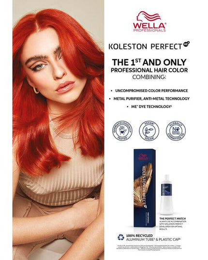 Wella's purest permanent hair color, Koleston Perfect is the first and only professional hair color that combines uncompromised color performance with Metal Purifier and ME+ dye technology for true-to-tone color and protection from damage. Nothing has been proven gentler to hair than Koleston Perfect for permanent color performance.