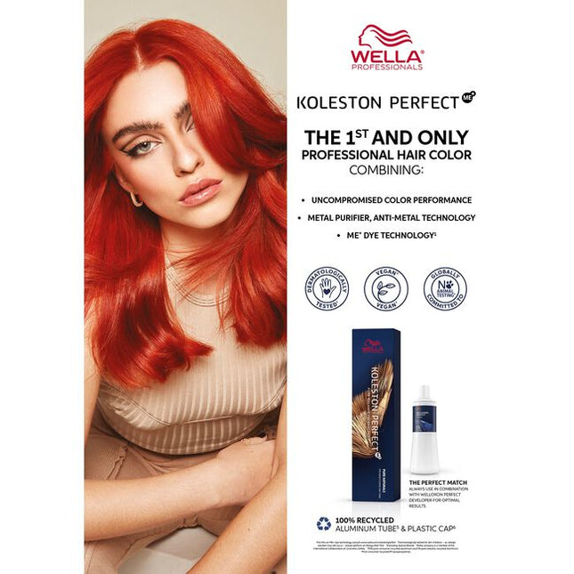 Wella's purest permanent hair color, Koleston Perfect is the first and only professional hair color that combines uncompromised color performance with Metal Purifier and ME+ dye technology for true-to-tone color and protection from damage. Nothing has been proven gentler to hair than Koleston Perfect for permanent color performance.