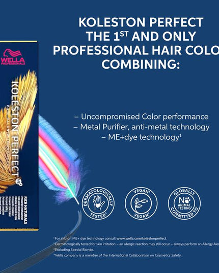 Wella's purest permanent hair color, Koleston Perfect is the first and only professional hair color that combines uncompromised color performance with Metal Purifier and ME+ dye technology for true-to-tone color and protection from damage. Nothing has been proven gentler to hair than Koleston Perfect for permanent color performance.