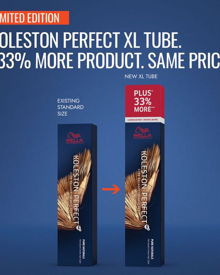 New XL Size +33%* More Color: For a limited time, select Koleston Perfect shades are available in an XL size with 33% more product. Koleston Perfect delivers true-to-tone permanent color with Metal Purifier and ME+ Dye Technology, plus up to 100% gray coverage for rich, healthy-looking results.
