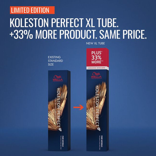New XL Size +33%* More Color: For a limited time, select Koleston Perfect shades are available in an XL size with 33% more product. Koleston Perfect delivers true-to-tone permanent color with Metal Purifier and ME+ Dye Technology, plus up to 100% gray coverage for rich, healthy-looking results.