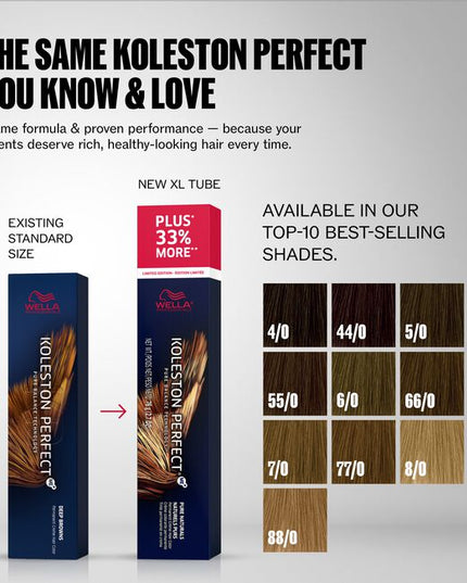 New XL Size +33%* More Color: For a limited time, select Koleston Perfect shades are available in an XL size with 33% more product. Koleston Perfect delivers true-to-tone permanent color with Metal Purifier and ME+ Dye Technology, plus up to 100% gray coverage for rich, healthy-looking results.