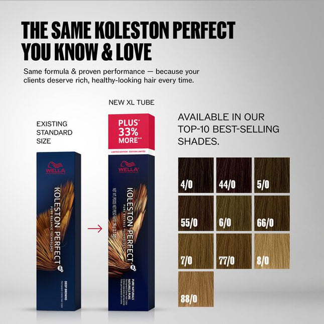 New XL Size +33%* More Color: For a limited time, select Koleston Perfect shades are available in an XL size with 33% more product. Koleston Perfect delivers true-to-tone permanent color with Metal Purifier and ME+ Dye Technology, plus up to 100% gray coverage for rich, healthy-looking results.
