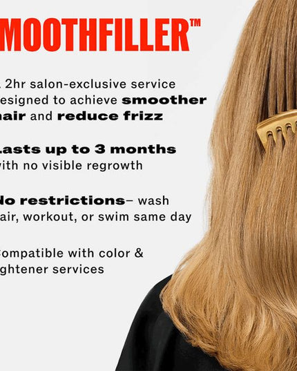 Demi-permanent smoothing treatment to smooth, fill and restructure hair. Offer your clients Smoothfiller service resulting smoother hair, anti-frizz effect, easier and faster styling. Ideal for clients who have naturally frizzy hair, prone to humidity effects. The effect lasts up to three months, and fades without visible regrowth. In-salon exclusive, for professional use only.