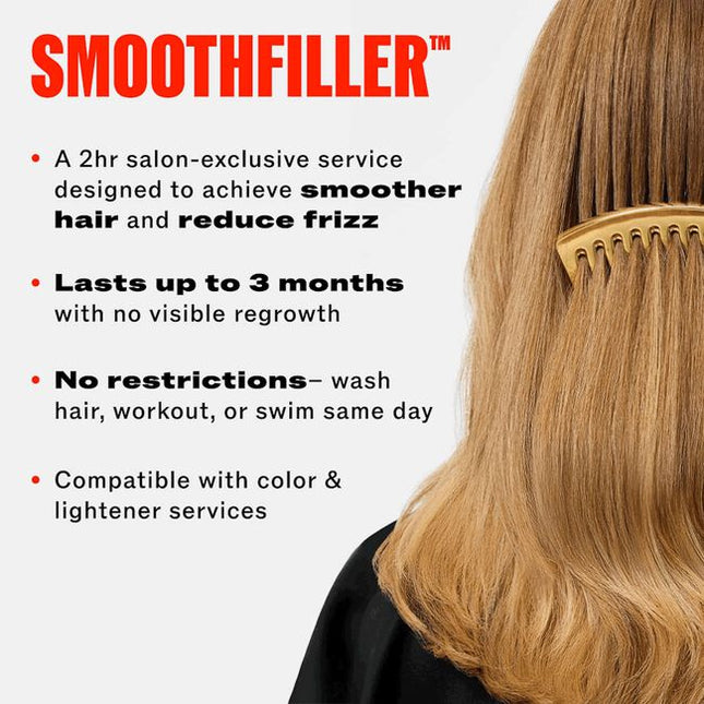 Demi-permanent smoothing treatment to smooth, fill and restructure hair. Offer your clients Smoothfiller service resulting smoother hair, anti-frizz effect, easier and faster styling. Ideal for clients who have naturally frizzy hair, prone to humidity effects. The effect lasts up to three months, and fades without visible regrowth. In-salon exclusive, for professional use only.
