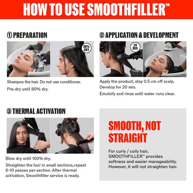 Demi-permanent smoothing treatment to smooth, fill and restructure hair. Offer your clients Smoothfiller service resulting smoother hair, anti-frizz effect, easier and faster styling. Ideal for clients who have naturally frizzy hair, prone to humidity effects. The effect lasts up to three months, and fades without visible regrowth. In-salon exclusive, for professional use only.