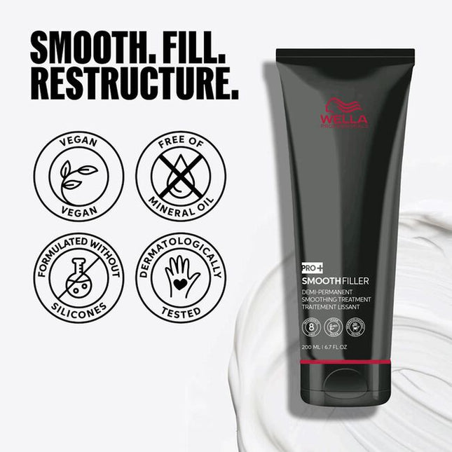 Demi-permanent smoothing treatment to smooth, fill and restructure hair. Offer your clients Smoothfiller service resulting smoother hair, anti-frizz effect, easier and faster styling. Ideal for clients who have naturally frizzy hair, prone to humidity effects. The effect lasts up to three months, and fades without visible regrowth. In-salon exclusive, for professional use only.
