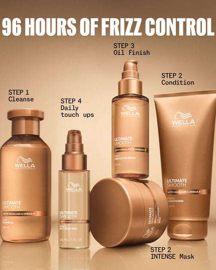 Wella Professionals ULTIMATE SMOOTH Silky Milk is the professional finishing step designed to deliver lightweight smoothness, frizz control and long-lasting shine. The non-greasy, on-the-go Silky Milk helps keep hair soft, manageable and beautifully polished throughout the day. Formulated as a light milk for easy application and effortless spreadability, it provides humidity protection, UV protection and heat protection up to 230°C.