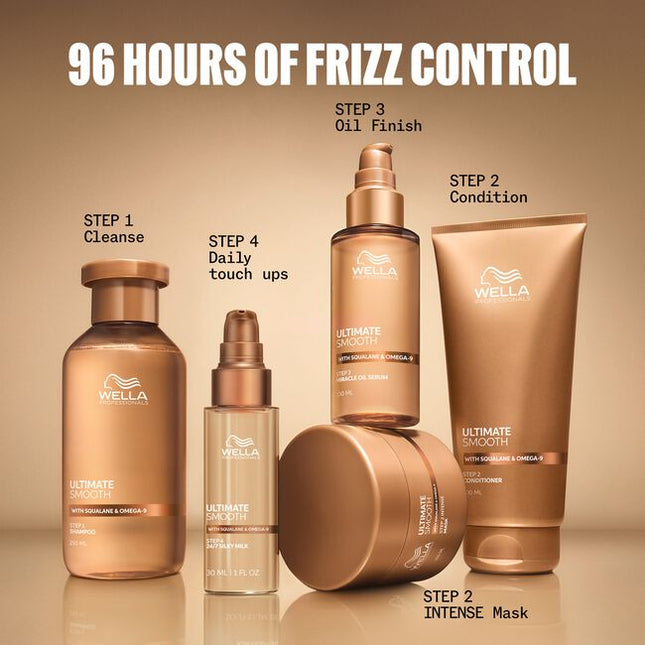 Wella Professionals ULTIMATE SMOOTH Silky Milk is the professional finishing step designed to deliver lightweight smoothness, frizz control and long-lasting shine. The non-greasy, on-the-go Silky Milk helps keep hair soft, manageable and beautifully polished throughout the day. Formulated as a light milk for easy application and effortless spreadability, it provides humidity protection, UV protection and heat protection up to 230°C.