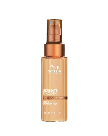 Wella Professionals ULTIMATE SMOOTH Silky Milk is the professional finishing step designed to deliver lightweight smoothness, frizz control and long-lasting shine. The non-greasy, on-the-go Silky Milk helps keep hair soft, manageable and beautifully polished throughout the day. Formulated as a light milk for easy application and effortless spreadability, it provides humidity protection, UV protection and heat protection up to 230°C.