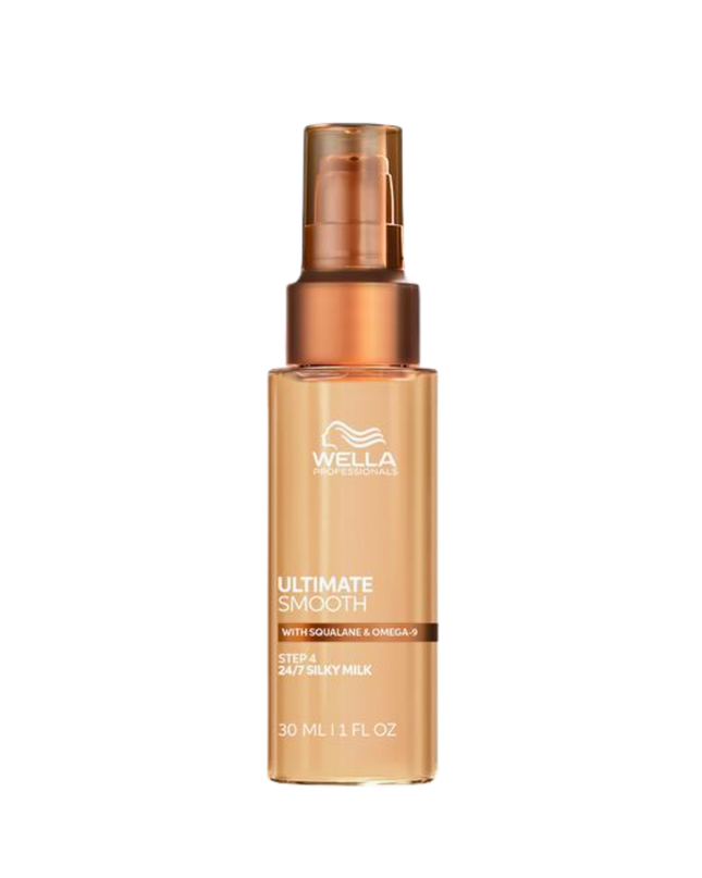 Wella Professionals ULTIMATE SMOOTH Silky Milk is the professional finishing step designed to deliver lightweight smoothness, frizz control and long-lasting shine. The non-greasy, on-the-go Silky Milk helps keep hair soft, manageable and beautifully polished throughout the day. Formulated as a light milk for easy application and effortless spreadability, it provides humidity protection, UV protection and heat protection up to 230°C.