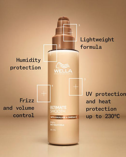 Wella Professionals ULTIMATE SMOOTH Silky Milk is the professional finishing step designed to deliver lightweight smoothness, frizz control and long-lasting shine. The non-greasy, on-the-go Silky Milk helps keep hair soft, manageable and beautifully polished throughout the day. Formulated as a light milk for easy application and effortless spreadability, it provides humidity protection, UV protection and heat protection up to 230°C.