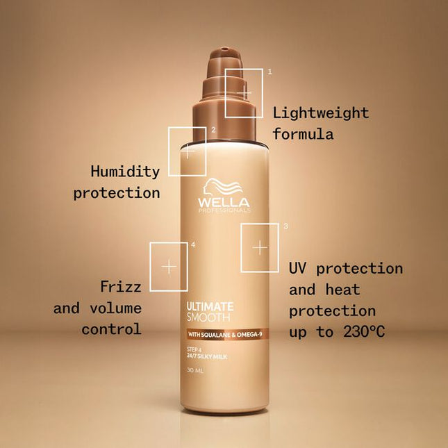 Wella Professionals ULTIMATE SMOOTH Silky Milk is the professional finishing step designed to deliver lightweight smoothness, frizz control and long-lasting shine. The non-greasy, on-the-go Silky Milk helps keep hair soft, manageable and beautifully polished throughout the day. Formulated as a light milk for easy application and effortless spreadability, it provides humidity protection, UV protection and heat protection up to 230°C.