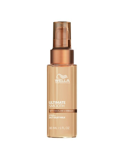 Wella Professionals ULTIMATE SMOOTH Silky Milk is the professional finishing step designed to deliver lightweight smoothness, frizz control and long-lasting shine. The non-greasy, on-the-go Silky Milk helps keep hair soft, manageable and beautifully polished throughout the day. Formulated as a light milk for easy application and effortless spreadability, it provides humidity protection, UV protection and heat protection up to 230°C.