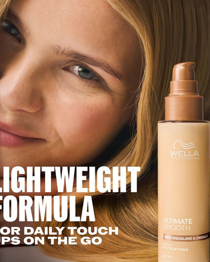 Wella Professionals ULTIMATE SMOOTH Silky Milk is the professional finishing step designed to deliver lightweight smoothness, frizz control and long-lasting shine. The non-greasy, on-the-go Silky Milk helps keep hair soft, manageable and beautifully polished throughout the day. Formulated as a light milk for easy application and effortless spreadability, it provides humidity protection, UV protection and heat protection up to 230°C.