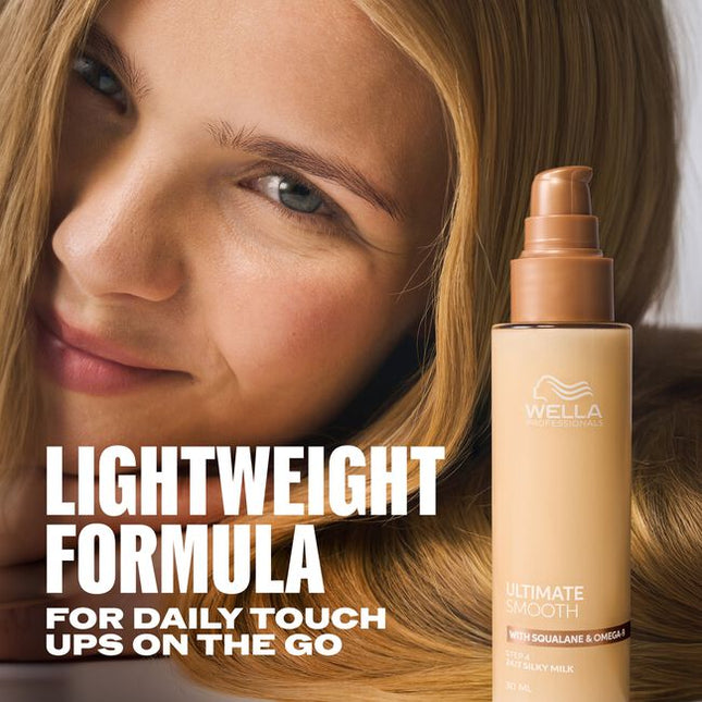 Wella Professionals ULTIMATE SMOOTH Silky Milk is the professional finishing step designed to deliver lightweight smoothness, frizz control and long-lasting shine. The non-greasy, on-the-go Silky Milk helps keep hair soft, manageable and beautifully polished throughout the day. Formulated as a light milk for easy application and effortless spreadability, it provides humidity protection, UV protection and heat protection up to 230°C.