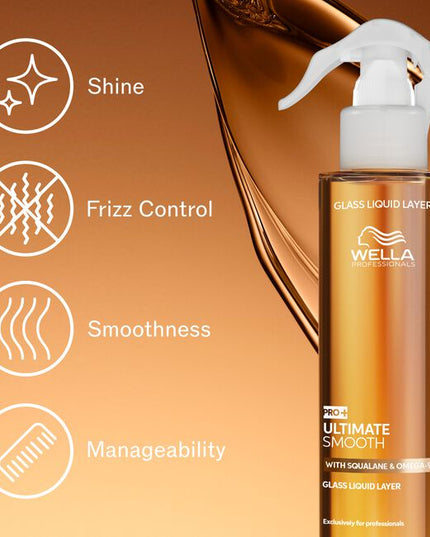Experience the ultimate in frizz control and shine with Wella Professionals ULTIMATE SMOOTH Glass Liquid Layer, an instant leave-in spray treatment crafted for professional salon use. With Squalane and Omega-9 to deeply nourish hair inside and replenish hair outside - dermatologically tested and suitable for coloured hair.