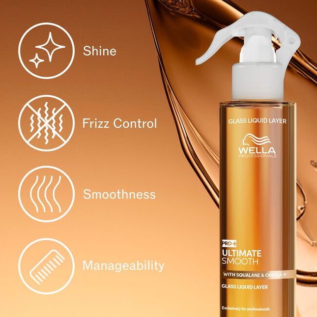 Experience the ultimate in frizz control and shine with Wella Professionals ULTIMATE SMOOTH Glass Liquid Layer, an instant leave-in spray treatment crafted for professional salon use. With Squalane and Omega-9 to deeply nourish hair inside and replenish hair outside - dermatologically tested and suitable for coloured hair.