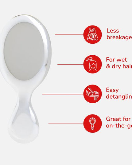 Wet Brush Festive Finish Mini Detangler Silver features a sleek metallic chrome finish and gently detangles wet or dry hair with less breakage. Its compact size makes it great for on-the-go use
