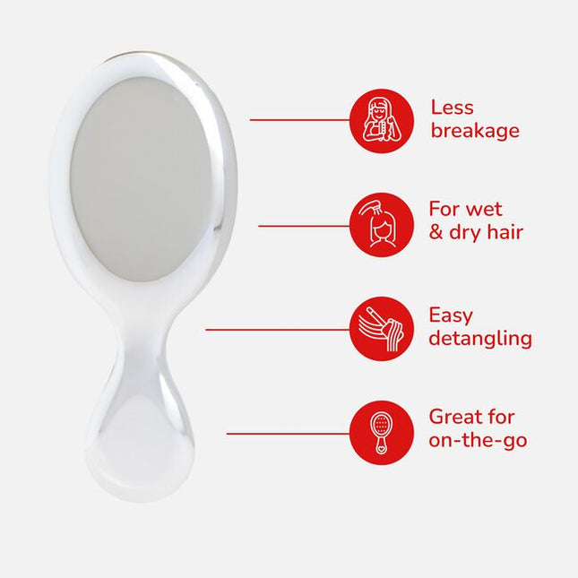 Wet Brush Festive Finish Mini Detangler Silver features a sleek metallic chrome finish and gently detangles wet or dry hair with less breakage. Its compact size makes it great for on-the-go use