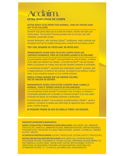 Acclaim Acid perms allow you to create the texture, volume and styles your clients desire. The Acclaim formula, combined with natural processing, provides optimum true-to-rod size curls with consistent, predictable results.

Best/Recommended for: MEDIUM to FIRM curl on normal, fine, or tinted hair.

Packaging may vary.