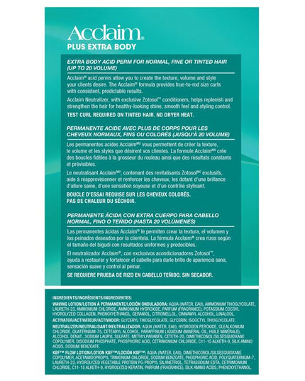 Acclaim Plus Acid Perms allow you to create the texture, volume and styles your clients desire. The Acclaim formula, combined with natural processing, provides extra body and bounce for optimum true-to-rod size curls with consistent, predictable results.

Best/Recommended for: MEDIUM to FIRM curl on normal, tinted or fine hair.

Packaging may vary.
