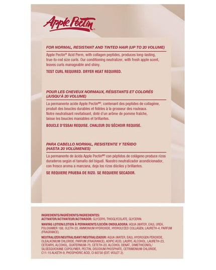 Apple Pectin's Acid PH Perm with collagen peptides, helps maintain hair strength and produces long-lasting, true-to-rod size curls. The conditioning neutralizer, with fresh apple scent, leaves curls manageable and shiny.