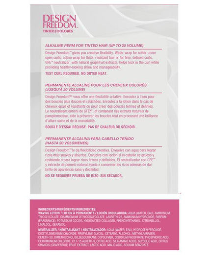 Design Freedom Tinted Alkaline Perm for Tinted Hair gives you creative flexibility for water, lotion, or combination wrap.

Best/Recommended for: Firm, Resilient curl on Resistant, Tinted* hair.

*Single process color, 20-volume peroxide or less.

Packaging may vary.