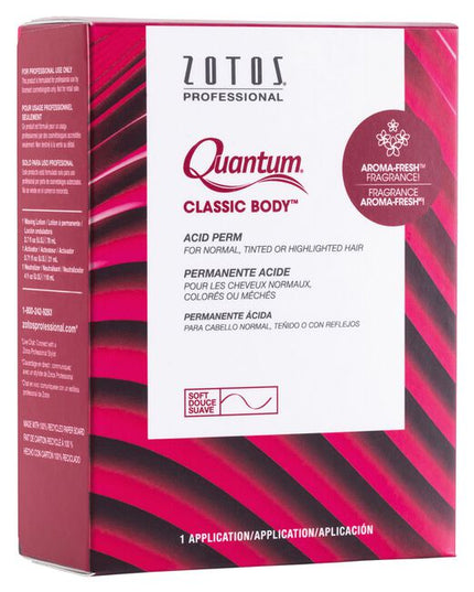 Quantum's Classic Body Acid Perm celebrates over 40 years of perm expertise. The tried and true formulas contain Equalizer 3™ conditioner to balance porosity for even, predictable curl formation. Our advanced conditioning neutralizer, with Aroma-Fresh™ fragrance and formulated with Argan Oil from Morocco, helps add radiant shine for manageable, healthy-looking curls. Quantum Classic Body creates soft body and supportive waves for a “non-permed” look.
