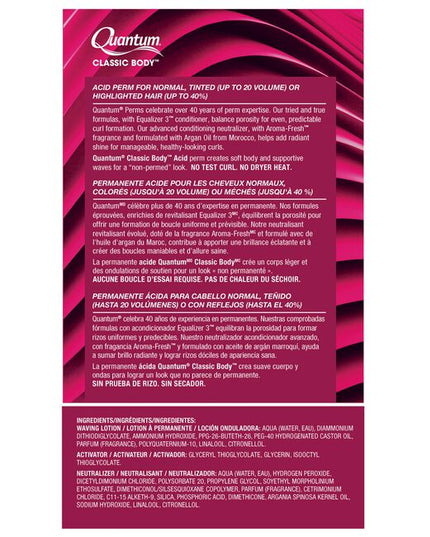 Quantum's Classic Body Acid Perm celebrates over 40 years of perm expertise. The tried and true formulas contain Equalizer 3™ conditioner to balance porosity for even, predictable curl formation. Our advanced conditioning neutralizer, with Aroma-Fresh™ fragrance and formulated with Argan Oil from Morocco, helps add radiant shine for manageable, healthy-looking curls. Quantum Classic Body creates soft body and supportive waves for a “non-permed” look.