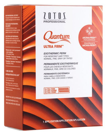 Quantum Ultra Firm Exothermic Perm for normal, resistant or tinted hair. These perms are formulated with a patented equalizer and 3TM conditioner to balance porosity for even, predictable curl formation. Advanced conditioning neutralizers provide smooth, manageable and healthy-looking curls. Quantum Ultra Firm Exothermic Perm is a self-warming perm which create springy curls that won't relax.