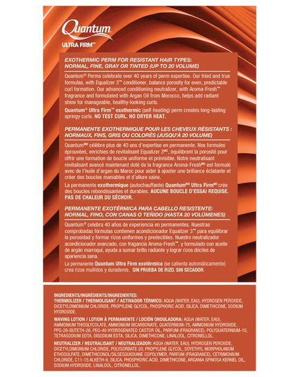 Quantum Ultra Firm Exothermic Perm for normal, resistant or tinted hair. These perms are formulated with a patented equalizer and 3TM conditioner to balance porosity for even, predictable curl formation. Advanced conditioning neutralizers provide smooth, manageable and healthy-looking curls. Quantum Ultra Firm Exothermic Perm is a self-warming perm which create springy curls that won't relax.