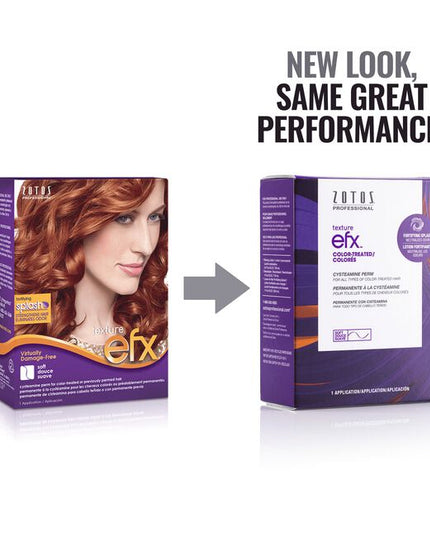 Texture EFX Cysteamine Perm for Color-Treated or Previously Permed Hair is a patented thio-free, damage-free, cysteamine system. With a smaller molecular size and positive magnetic charge, this formula easily and gently penetrates the hairshaft leaving the cuticle damage-free. Creates beautiful texture and soft curls while leaving the hair healthier and better conditioned. Produces damage-free results so hair feels as good as it did before perming. Contains a Fortifying Splash to neutralize perm odor. 