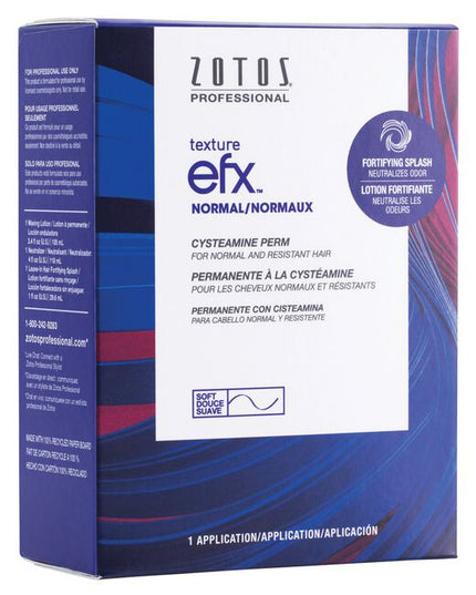 Texture EFX Cysteamine Perm For Normal and Resistant Hair is a patented thio-free, damage-free, cysteamine system. With a smaller molecular size and positive magnetic charge, this formula easily and gently penetrates the hair shaft leaving the cuticle damage-free. Creates beautiful texture and soft curls while leaving the hair healthier and better conditioned. Produces damage-free results so hair feels as good as it did before perming. Contains a Fortifying Splash to neutralize perm odor. 