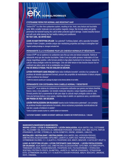 Texture EFX Cysteamine Perm For Normal and Resistant Hair is a patented thio-free, damage-free, cysteamine system. With a smaller molecular size and positive magnetic charge, this formula easily and gently penetrates the hair shaft leaving the cuticle damage-free. Creates beautiful texture and soft curls while leaving the hair healthier and better conditioned. Produces damage-free results so hair feels as good as it did before perming. Contains a Fortifying Splash to neutralize perm odor. 
