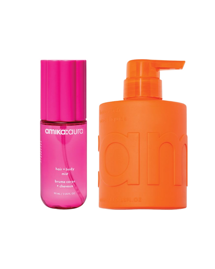 A set featuring our signature hand wash + amika:aura, a joy-sparking hair + body mist powered by floral + fruity notes of juicy apricot, pink grapefruit + velvety vanilla.