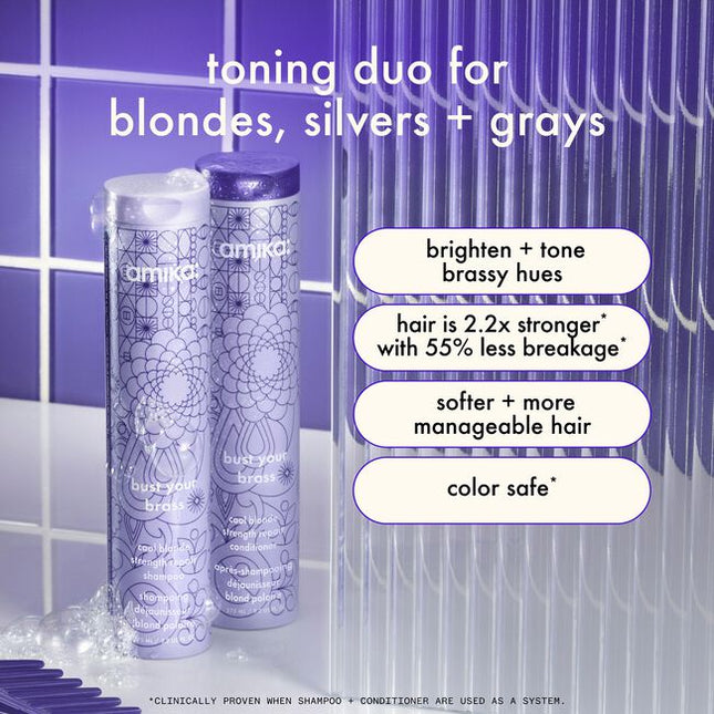 An ultra-violet conditioner that strengthens and hydrate dry and damaged strands while toning yellow, brassy hues, resulting in 55% less breakage* and 2.2x stronger strands* that are soft, bright, and more manageable. This purple conditioner is infused with bond fortifying technology, quinoa protein, plant butters, and ultra-violet pigments to strengthen damaged hair while helping to prevent future breakage.
