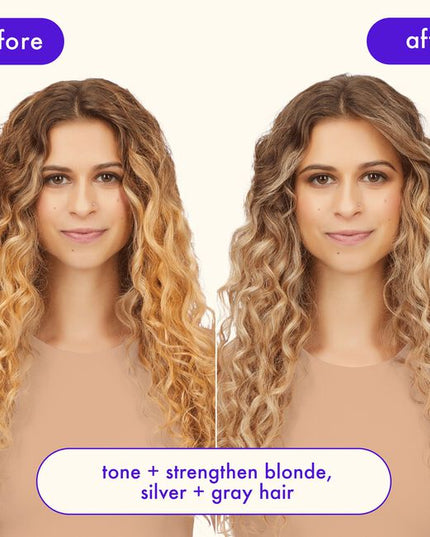 An ultra-violet conditioner that strengthens and hydrate dry and damaged strands while toning yellow, brassy hues, resulting in 55% less breakage* and 2.2x stronger strands* that are soft, bright, and more manageable. This purple conditioner is infused with bond fortifying technology, quinoa protein, plant butters, and ultra-violet pigments to strengthen damaged hair while helping to prevent future breakage.